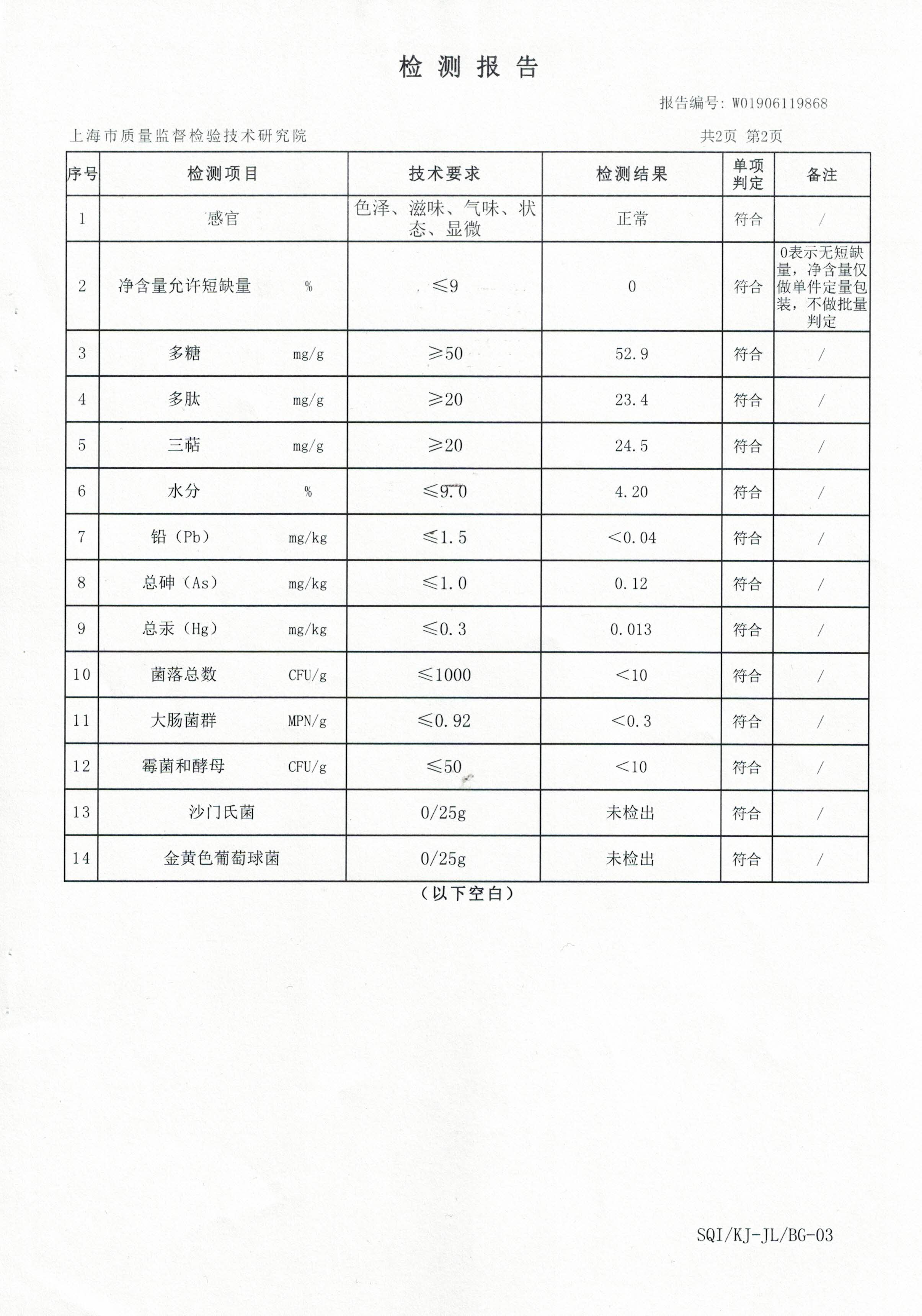 2019年 8月26日 菇新 大漢牌靈芝破壁孢子沖劑 產(chǎn)品檢測(cè)報(bào)告